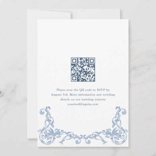 Renaissance Verziert Dust Blue Wedding QR Code Einladung (Rückseite)