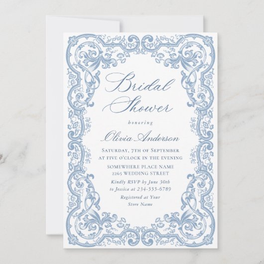 Renaissance Verziert Dusty Blue Floral Brautparty Einladung (Vorderseite)