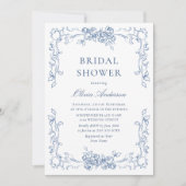 Renaissance Verziert Dusty Blue Floral Brautparty Einladung (Vorderseite)