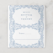 Renaissance Verziert Dusty Blue Floral Wedding Platzkarte (Außenseite Aufgefaltet)