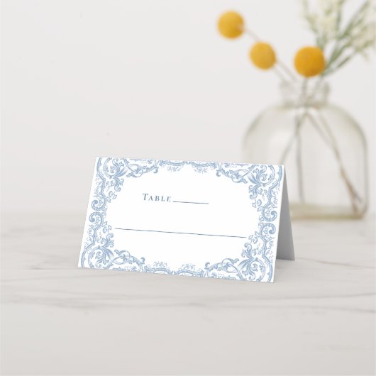 Renaissance Verziert Dusty Blue Floral Wedding Platzkarte (Vorderseite)