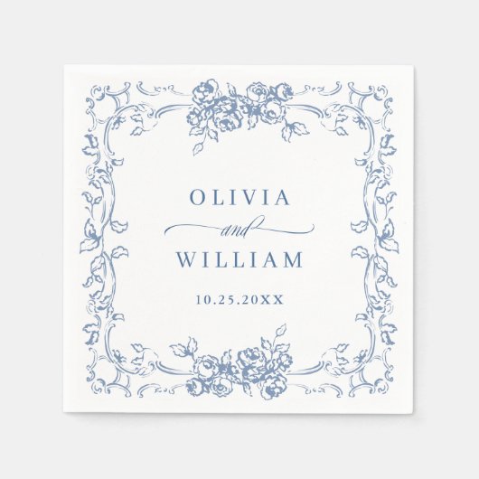 Renaissance Verziert Dusty Blue Floral Wedding Serviette (Vorderseite)