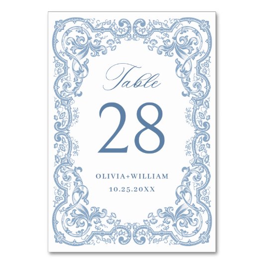 Renaissance Verziert Dusty Blue Floral Wedding Tischnummer (Vorderseite)