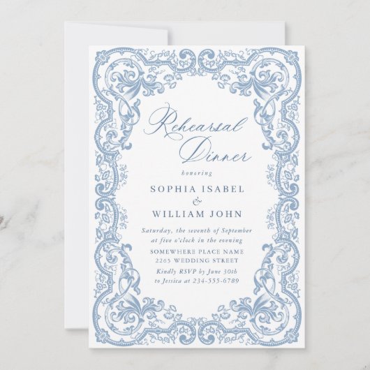 Renaissance Verziert Dusty Blue Probe Dinner Einladung (Vorderseite)