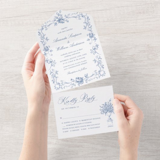 Renaissance Verziert Floral Dusty Blue Wedding All In One Einladung (Abreißen)