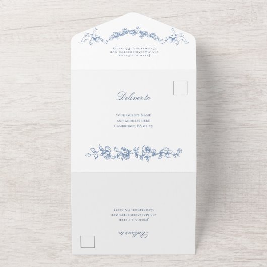 Renaissance Verziert Floral Dusty Blue Wedding All In One Einladung (Außenbereich)