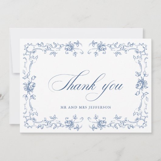 Renaissance Verziert Floral Dusty Blue Wedding Dankeskarte (Vorderseite)