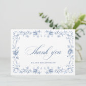 Renaissance Verziert Floral Dusty Blue Wedding Dankeskarte (Stehend Vorderseite)