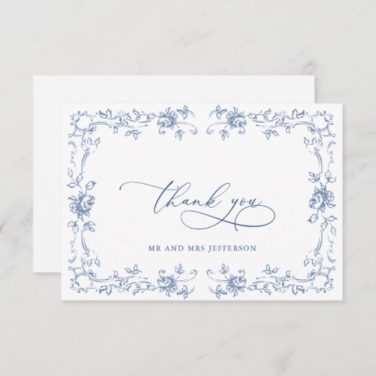 Renaissance Verziert Floral Dusty Blue Wedding Dankeskarte (Vorne/Hinten)