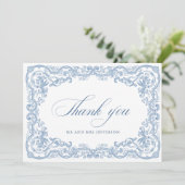 Renaissance Verziert Floral Dusty Blue Wedding Dankeskarte (Stehend Vorderseite)