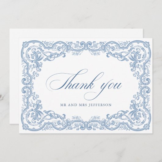 Renaissance Verziert Floral Dusty Blue Wedding Dankeskarte (Vorne/Hinten)