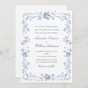 Renaissance Verziert Floral Dusty Blue Wedding Einladung