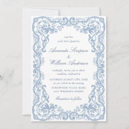 Renaissance Verziert Floral Dusty Blue Wedding Einladung