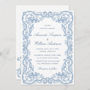 Renaissance Verziert Floral Dusty Blue Wedding Einladung