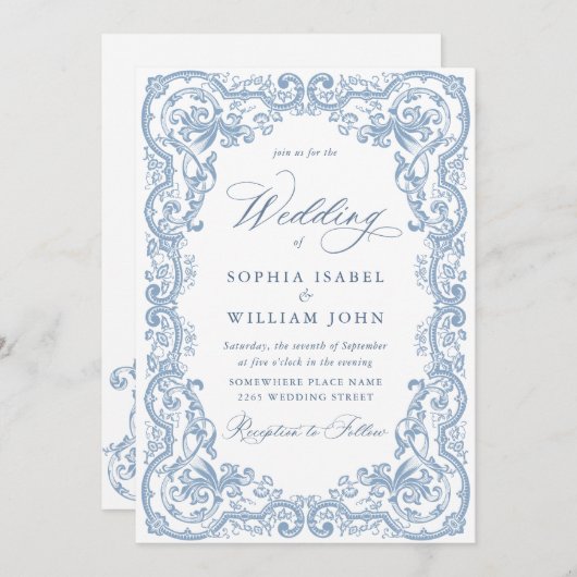 Renaissance Verziert Floral Dusty Blue Wedding Einladung (Vorne/Hinten)