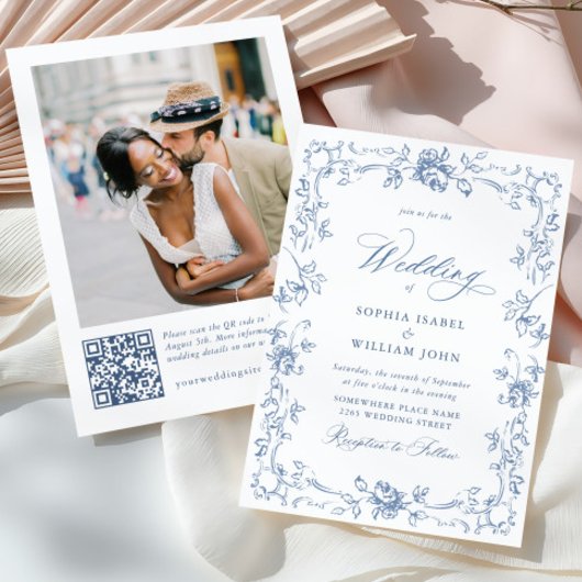 Renaissance Verziert Floral Dusty Blue Wedding Einladung