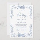 Renaissance Verziert Floral Dusty Blue Wedding Einladung (Vorderseite)