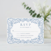 Renaissance Verziert Floral Dusty Blue Wedding RSVP Karte (Stehend Vorderseite)
