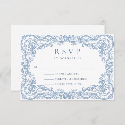 Renaissance Verziert Floral Dusty Blue Wedding RSVP Karte (Vorne/Hinten)