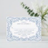 Renaissance Verziert Floral Dusty Blue Wedding RSVP Karte (Stehend Vorderseite)