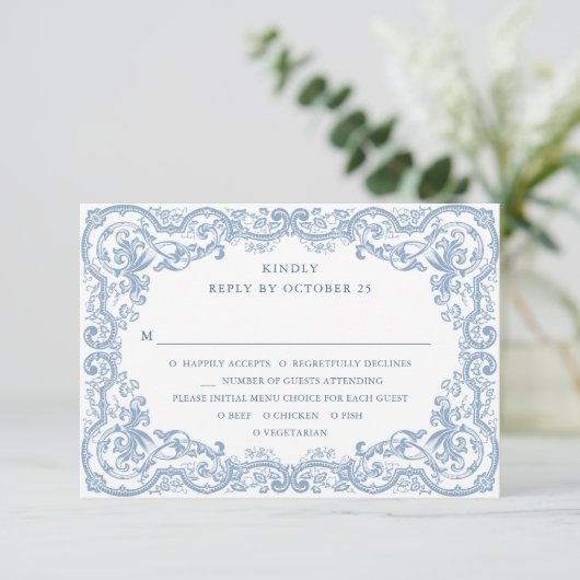 Renaissance Verziert Floral Dusty Blue Wedding RSVP Karte (Stehend Vorderseite)