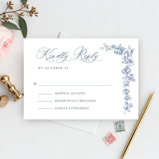Renaissance Verziert Floral Dusty Blue Wedding RSVP Karte