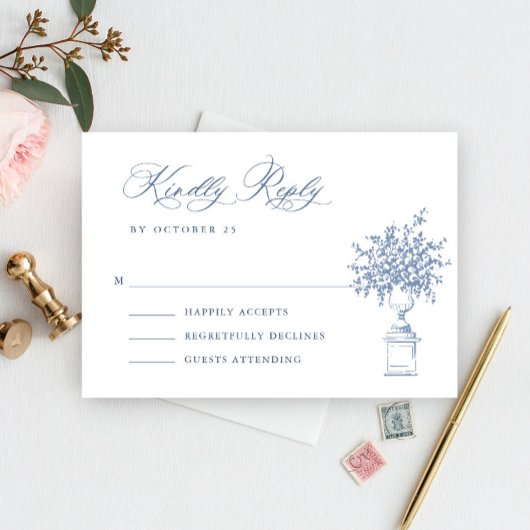 Renaissance Verziert Floral Dusty Blue Wedding RSVP Karte