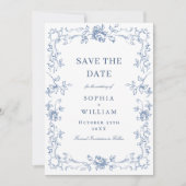 Renaissance Verziert Floral Dusty Blue Wedding Save The Date (Vorderseite)