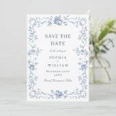 Renaissance Verziert Floral Dusty Blue Wedding Save The Date (Stehend Vorderseite)