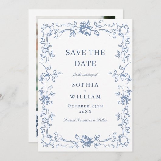 Renaissance Verziert Floral Dusty Blue Wedding Save The Date (Vorne/Hinten)