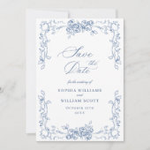 Renaissance Verziert Floral Dusty Blue Wedding Save The Date (Vorderseite)