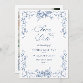 Renaissance Verziert Floral Dusty Blue Wedding Save The Date