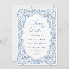 Renaissance Verziert Floral Dusty Blue Wedding Save The Date