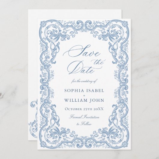 Renaissance Verziert Floral Dusty Blue Wedding Save The Date (Vorne/Hinten)
