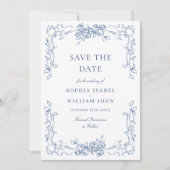 Renaissance Verziert Floral Dusty Blue Wedding Save The Date (Vorderseite)
