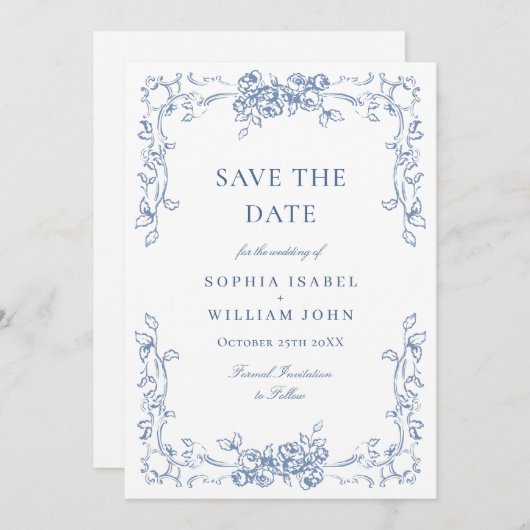 Renaissance Verziert Floral Dusty Blue Wedding Save The Date (Vorne/Hinten)