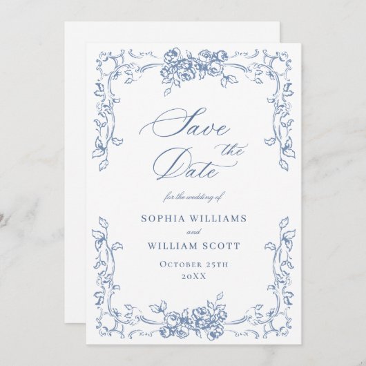 Renaissance Verziert Floral Dusty Blue Wedding Save The Date (Vorne/Hinten)