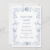Renaissance Verziert Floral Dusty Blue Wedding Save The Date (Vorderseite)