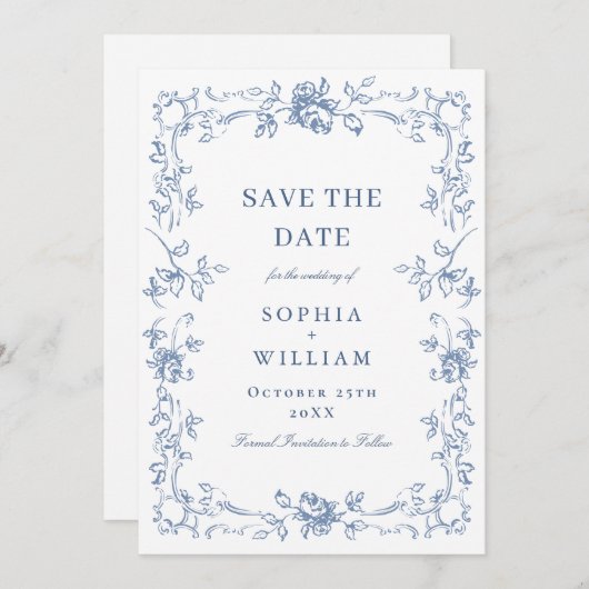 Renaissance Verziert Floral Dusty Blue Wedding Save The Date (Vorne/Hinten)