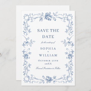 Renaissance Verziert Floral Dusty Blue Wedding Save The Date
