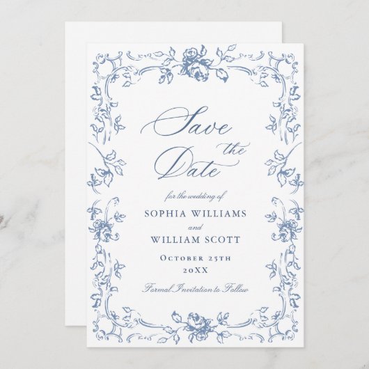 Renaissance Verziert Floral Dusty Blue Wedding Save The Date (Vorne/Hinten)
