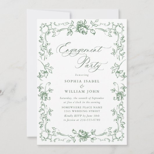Renaissance Verziert Sage Green ENGAGEMENT PARTEI Einladung (Vorderseite)