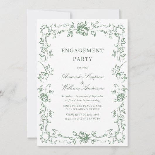 Renaissance Verziert Sage Green ENGAGEMENT PARTEI Einladung (Vorderseite)