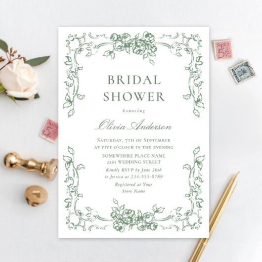Renaissance Verziert Sage Green Floral Brautparty Einladung
