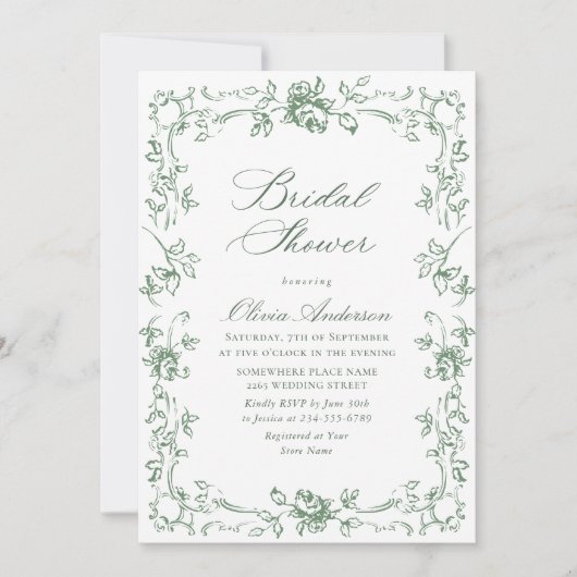 Renaissance Verziert Sage Green Floral Brautparty Einladung (Vorderseite)