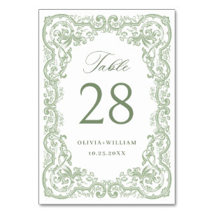 Renaissance Verziert Sage Green Floral Wedding Tischnummer