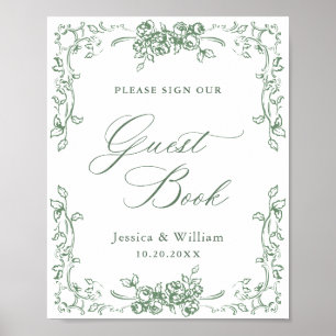 Renaissance Verziert Sage Green Guestbook Zeichen Poster