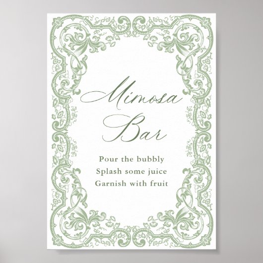 Renaissance Verziert Sage Green Mimosa Bar Sign Poster (Vorne)