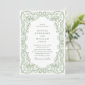 Renaissance Verziert Sage Green Wedding QR-Code Einladung (Stehend Vorderseite)