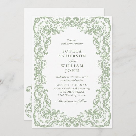 Renaissance Verziert Sage Green Wedding QR-Code Einladung (Vorne/Hinten)